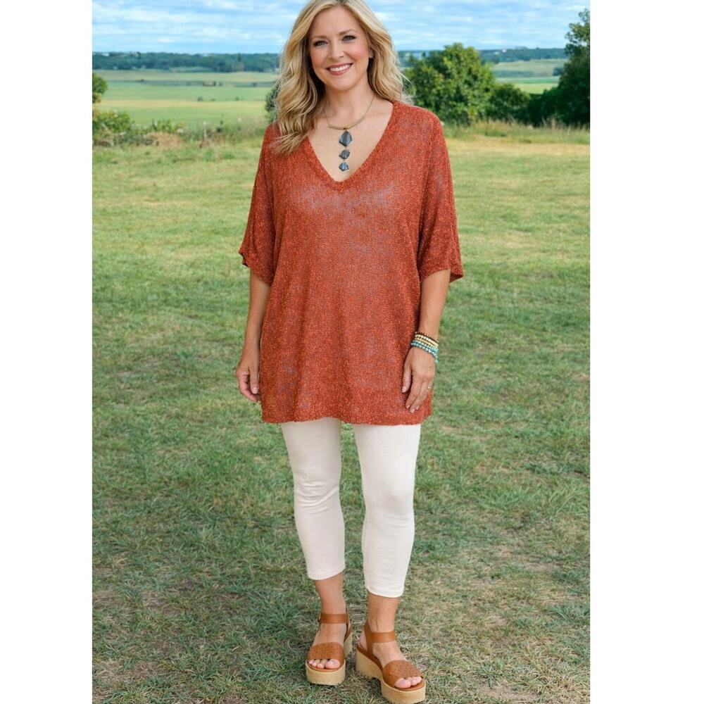 Eileen Fisher Womens Sweater Rust Red Linen Blend Petite PP Long Tunic Length